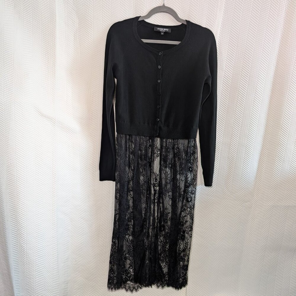 Vivian Shyu Italy Cardigan Dress Black Knit Lace Hem Skirt Size S Whimsigoth